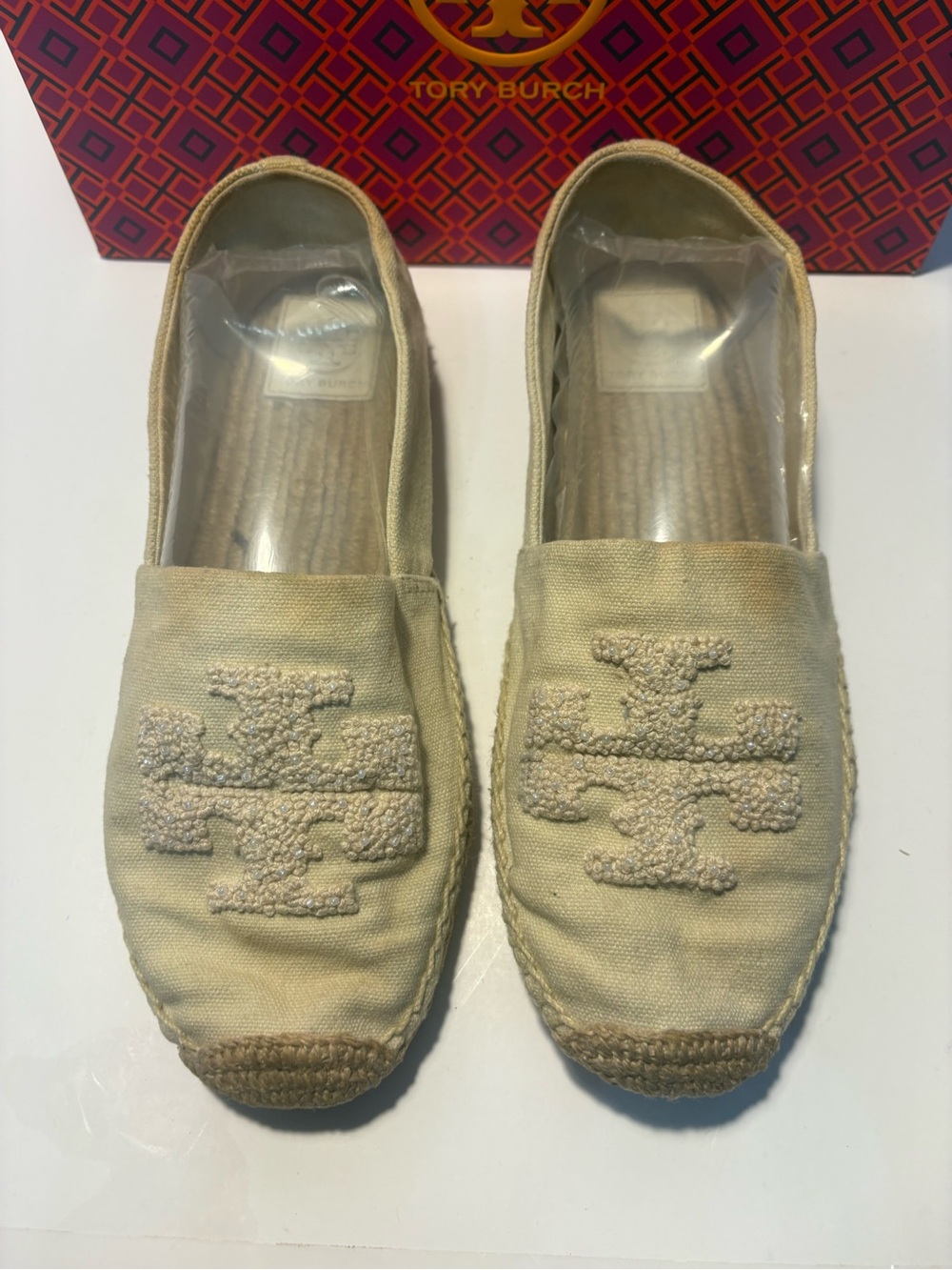Tory Burch Beige Canvas Logo Espadrilles